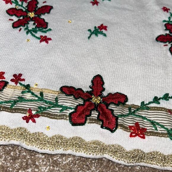 Vintage White Christmas Sweater 90s Beaded Xmas Poinsettia Embroidered Jumper LG - Picture 6 of 7